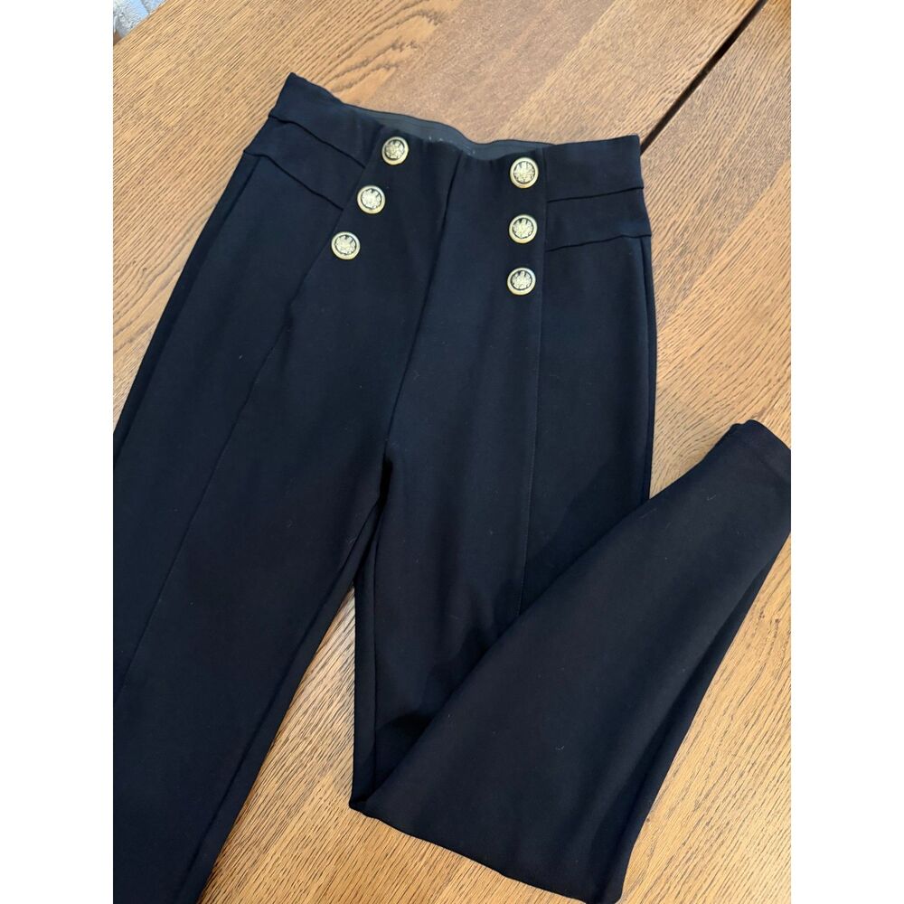ZARA Black High Waisted Military Sailor Pants Leggings Gold Crest Buttons M
